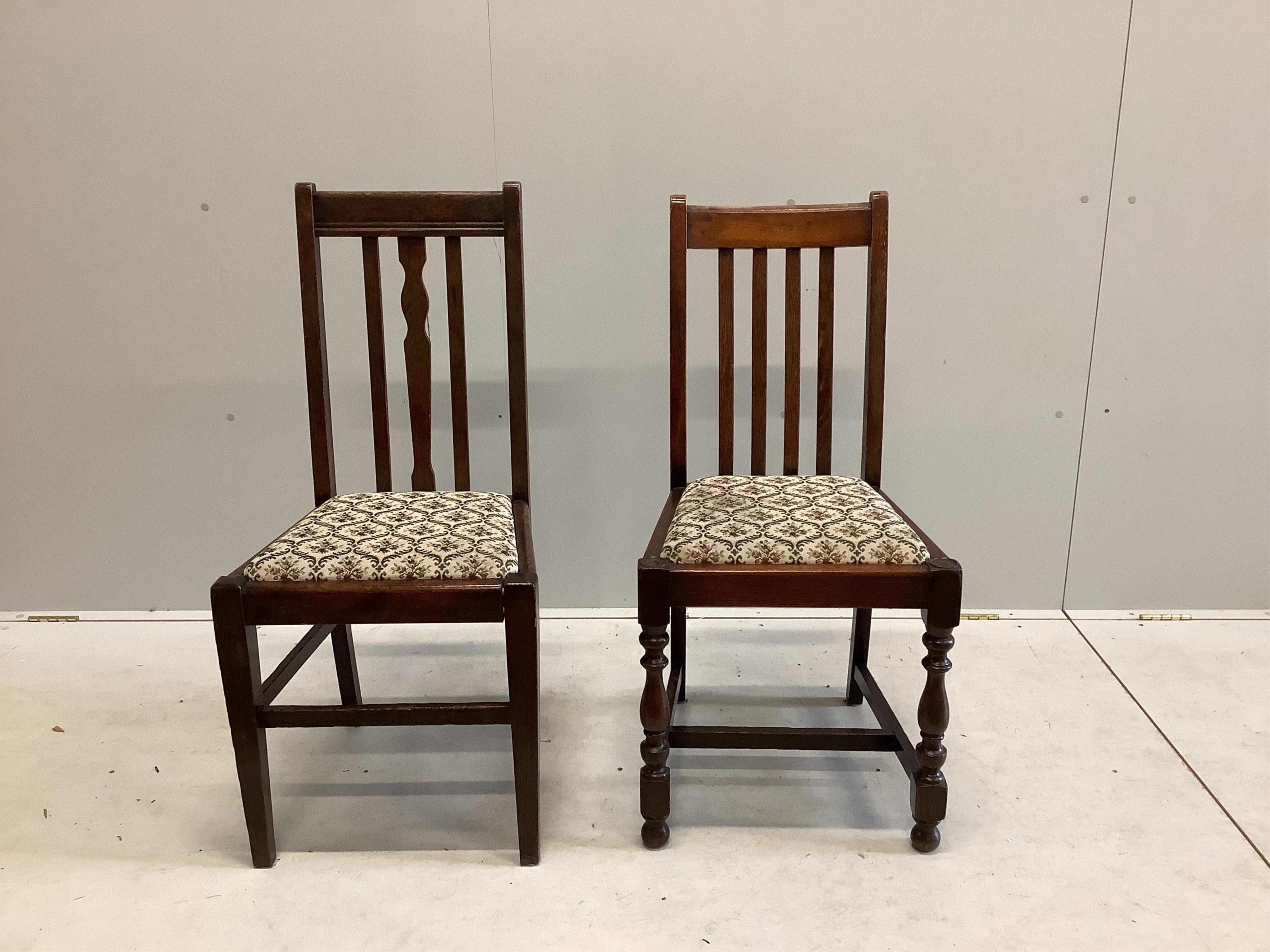 A rectangular hardwood refectory dining table, width 214cm, depth 89cm, height 71cm, together with eight early 20th century oak dining chairs. Condition - fair to good